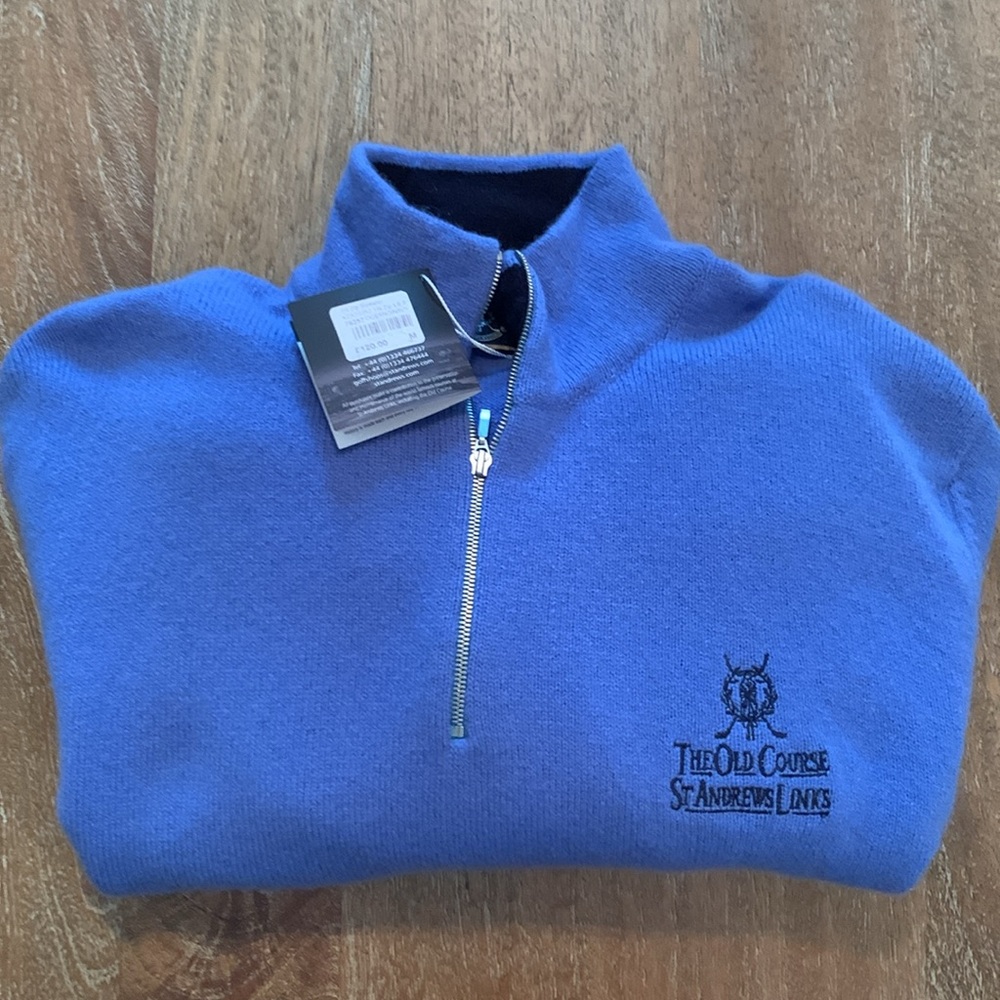NWT St. Andrew’s Old Course Quarter Zip Wool Sweater in Ocean Blue
